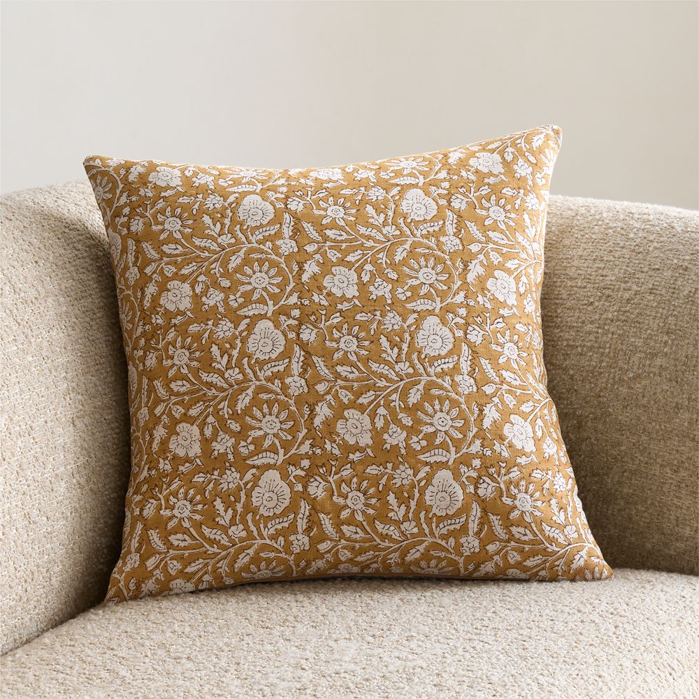 Whitney Linen 20"x20" Moroccan Ocher Floral Hand Printed Throw Pillow