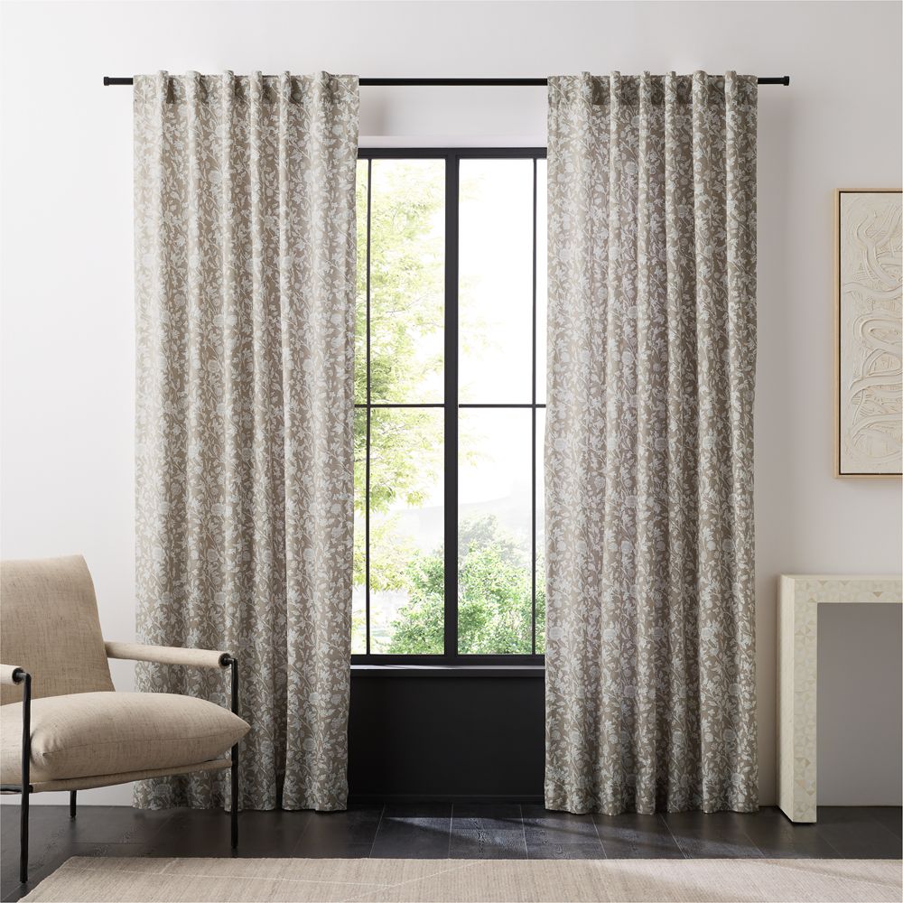 Natural Beige Floral Organic Cotton Linen Window Curtain Panels