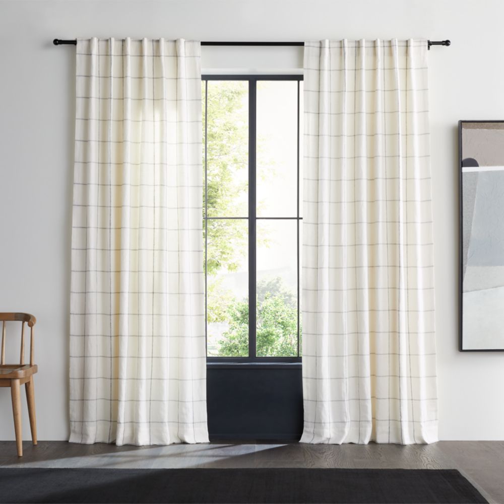 Pampas Ivory & Storm Grey Linen Double Pinstripe Grid Window Curtain Panel