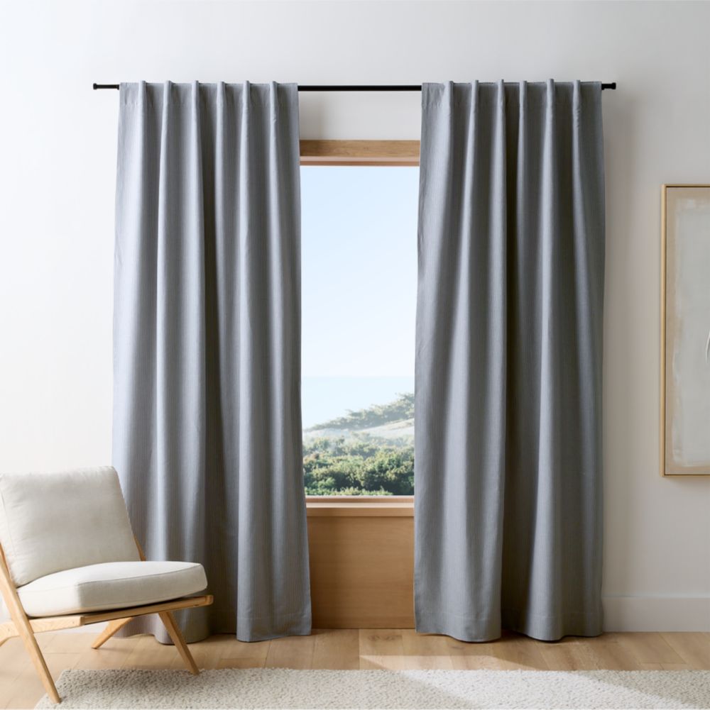 Deep Indigo Stripe Organic Cotton Linen Blackout Window Curtain Panels