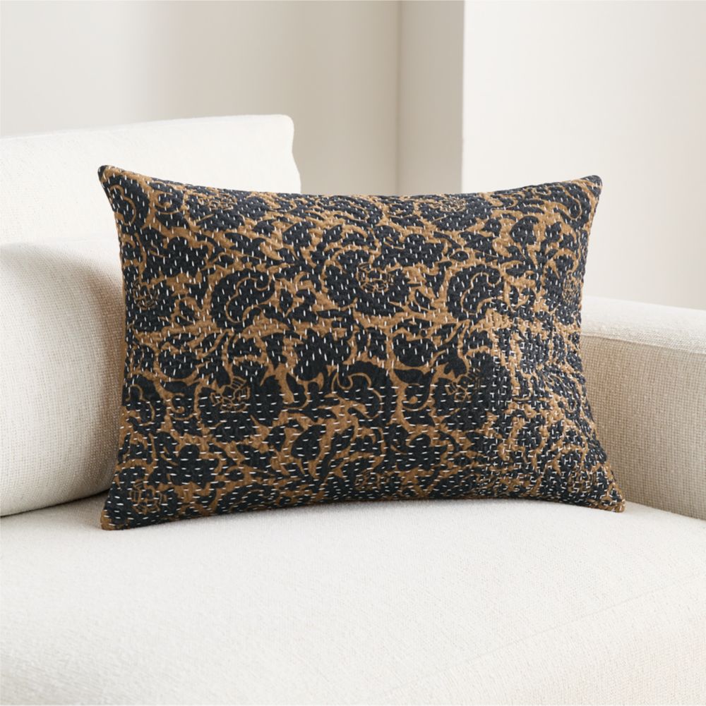 Sashiko Floral Organic Cotton Velvet 22"x15" Camel Tan Throw Pillow