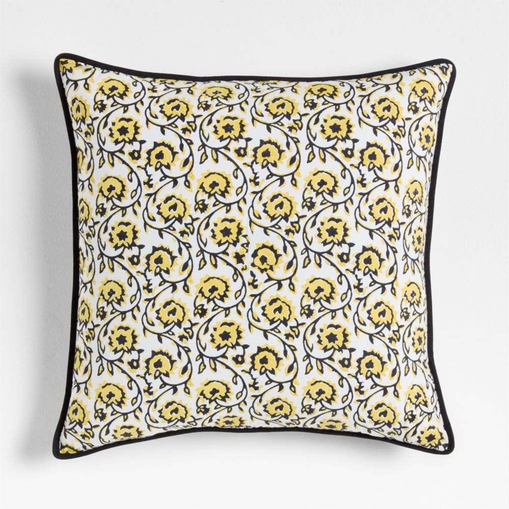 Washed Cotton 23"x23" Golden Flax Yellow Floral Reversible Hand Printed Throw Pillow