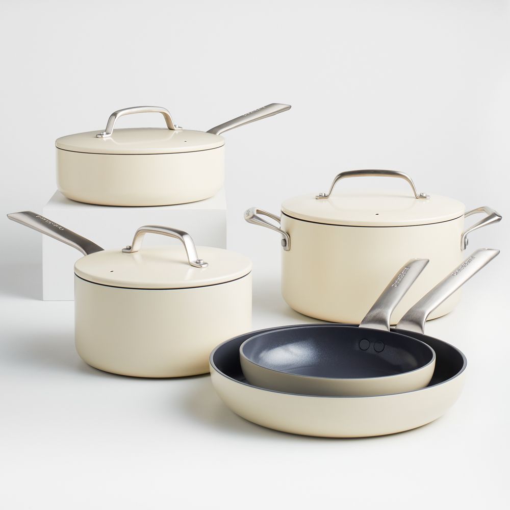 Crate & Barrel EvenCook Ceramic Cream Nonstick 8-Piece Cookware Set with Bonus