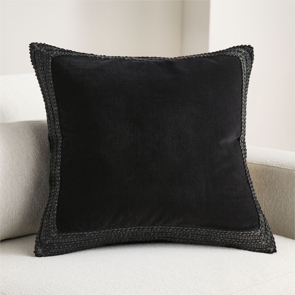 Braided Velvet Border 23"x23" Ink Black Throw Pillow