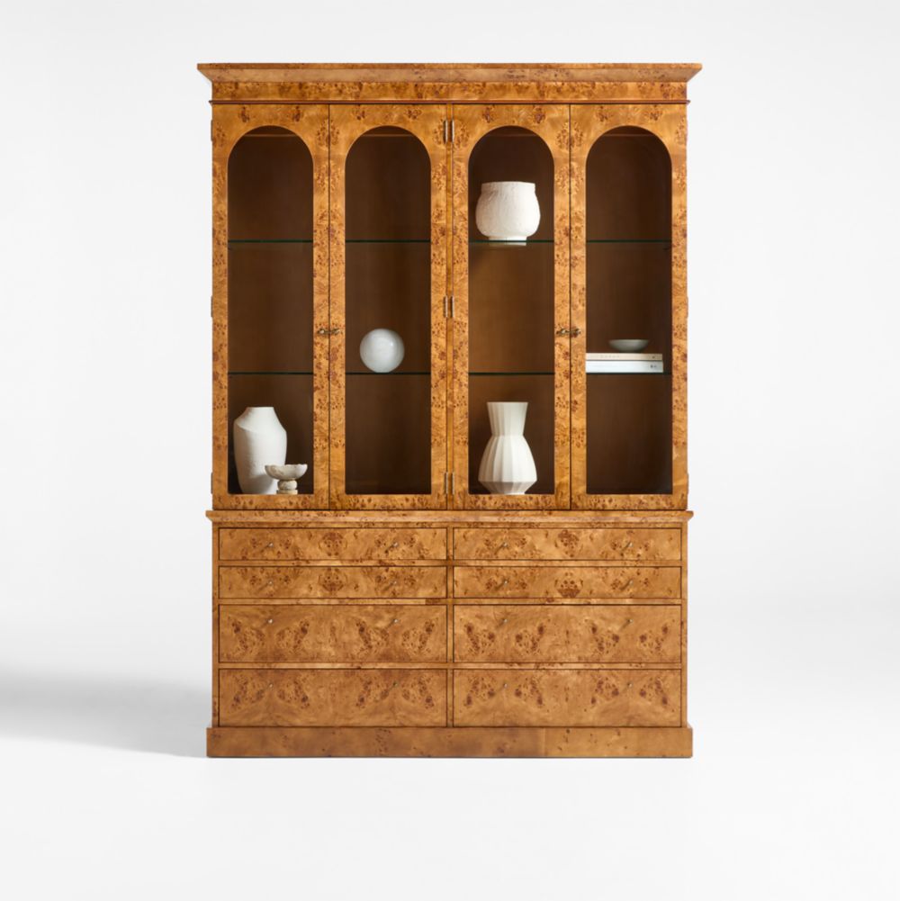 Maison Burl Wood and Glass Lighted Storage Display Cabinet