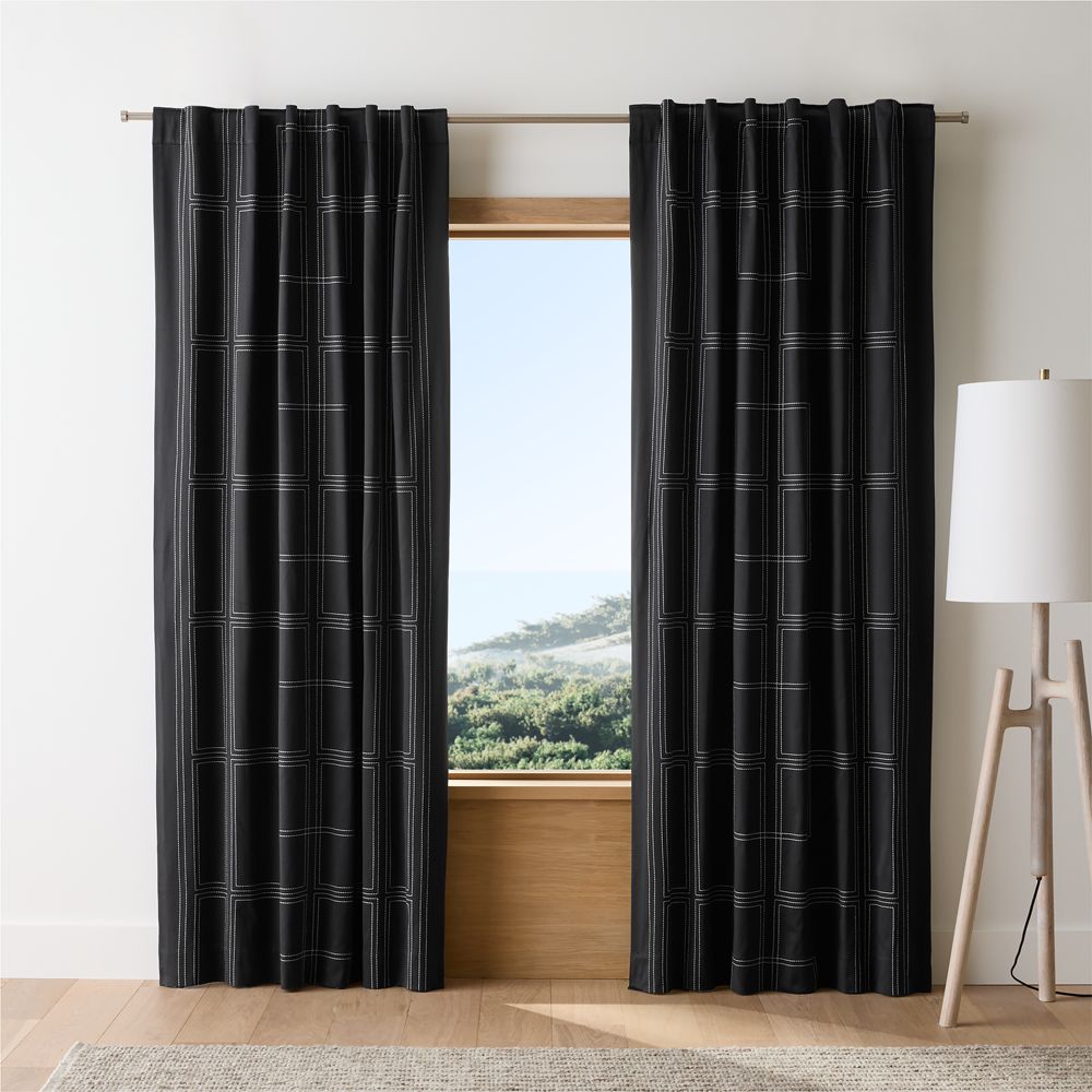Embroidered Craftsman Midnight Navy/Crisp White Organic Cotton Sateen Window Curtain Panel