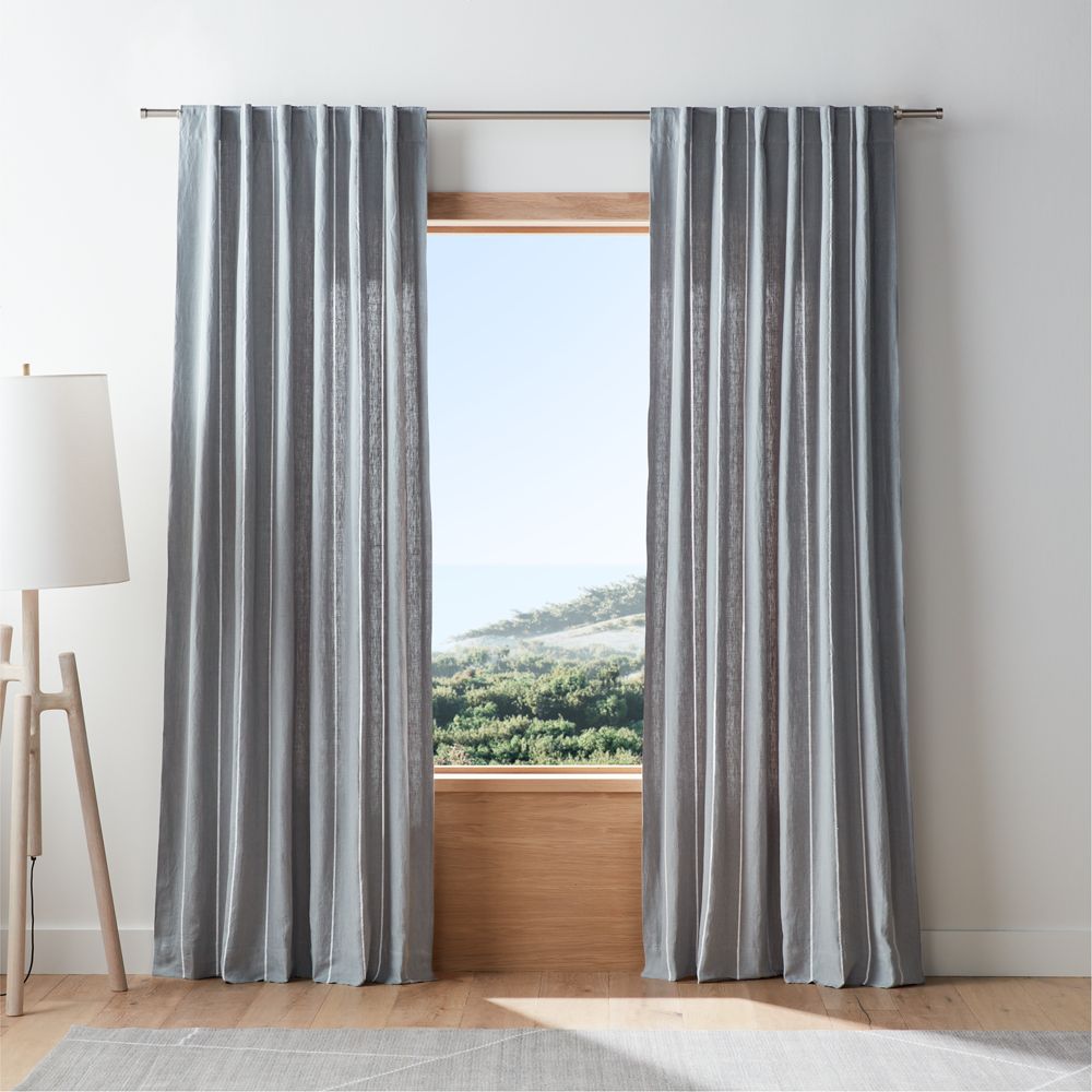 Mist Blue & Crisp White Linen Double Pinstripe Window Curtain Panel