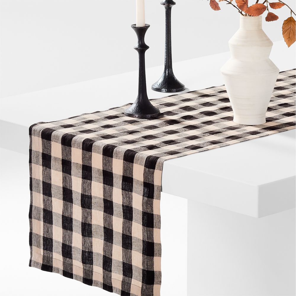 Marin 120" Black and Natural Buffalo Check European Certified Linen Table Runner