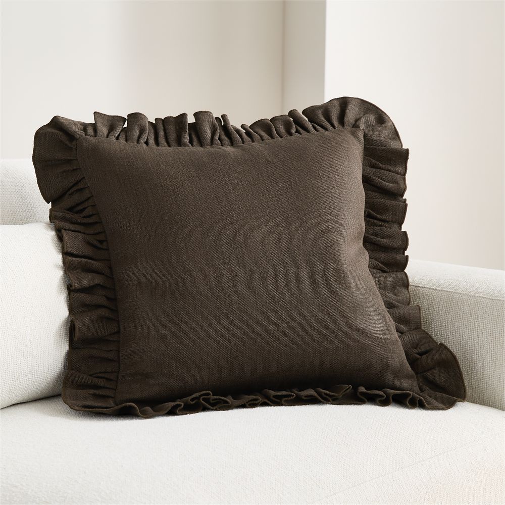 Relaxed Linen Ruffle 20"x20" Deep Brown Throw Pillow Cover