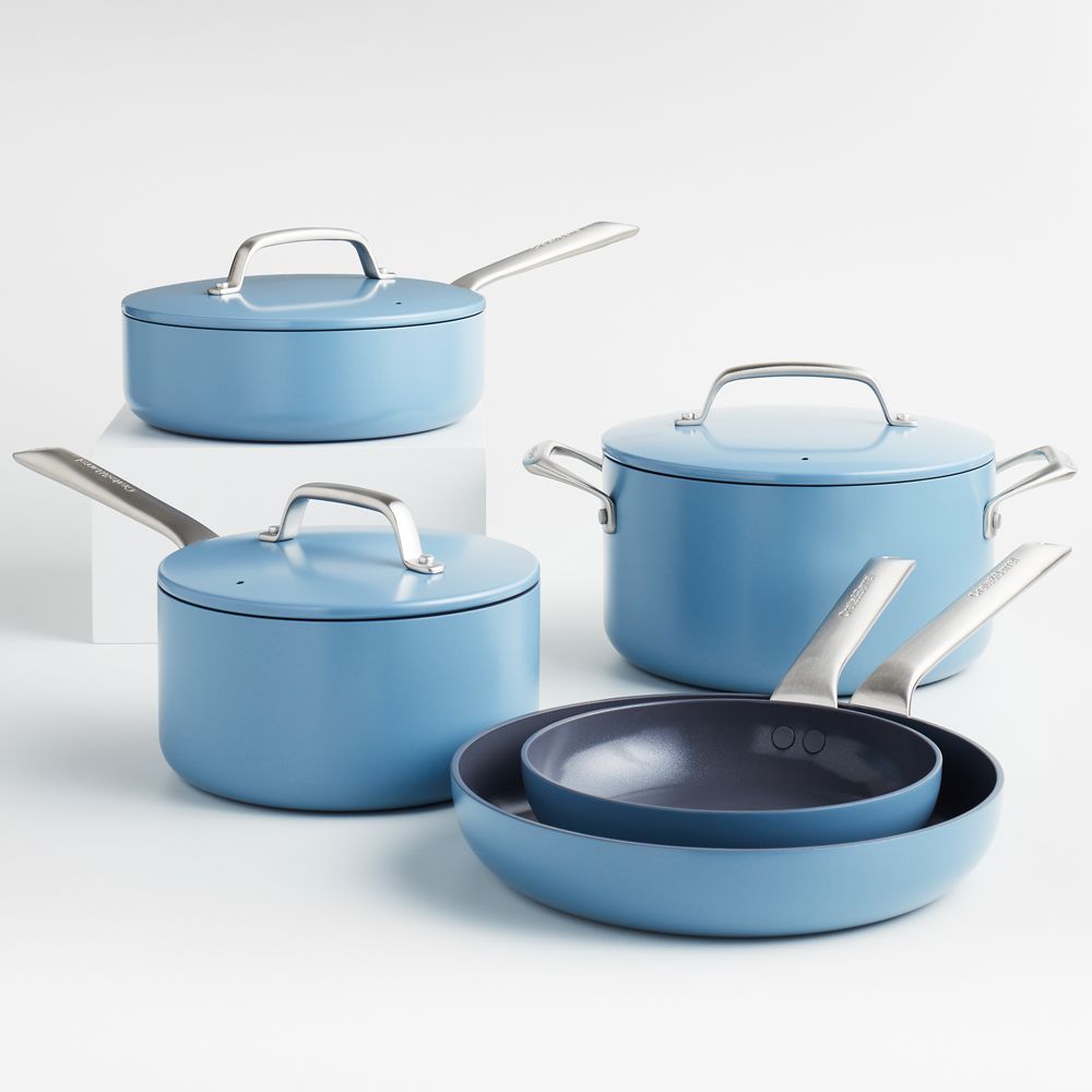 Crate & Barrel EvenCook Ceramic Denim Nonstick 8-Piece Cookware Set with Bonus