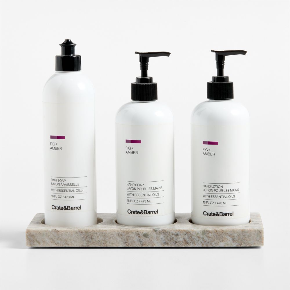 Fig + Amber Dish Soap, Hand Soap & Lotion 4-Piece Set with Tuscan Kitchen Marble Caddy