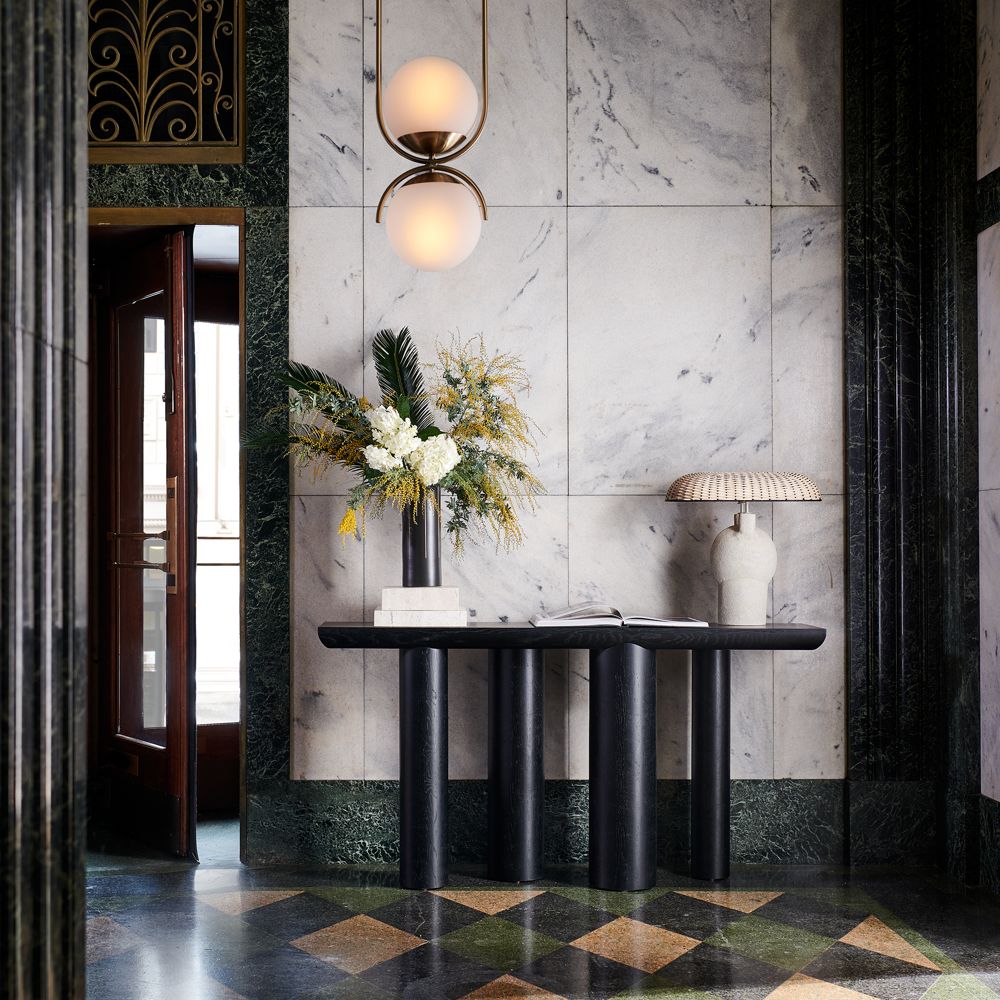 Alternative view of Bomen 66" Asymmetrical Black Oak Wood Console Table