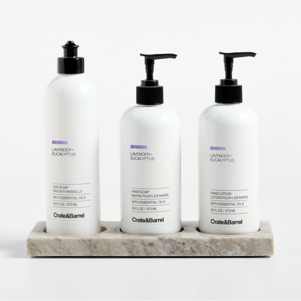 Lavender + Eucalyptus Dish Soap, Hand Soap & Lotion 4-Piece Set with Tuscan Kitchen Marble Caddy