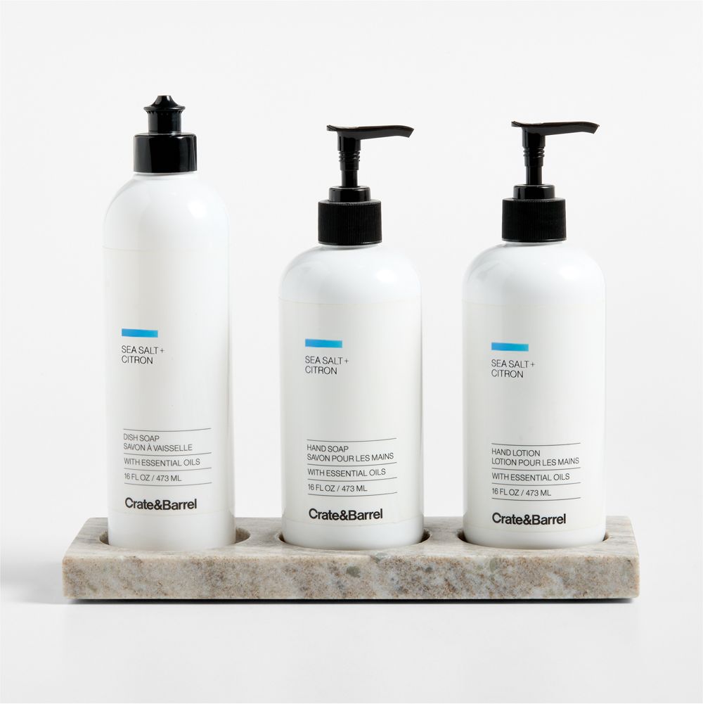 Sea Salt + Citron Dish Soap, Hand Soap & Lotion 4-Piece Set with Tuscan Kitchen Marble Caddy
