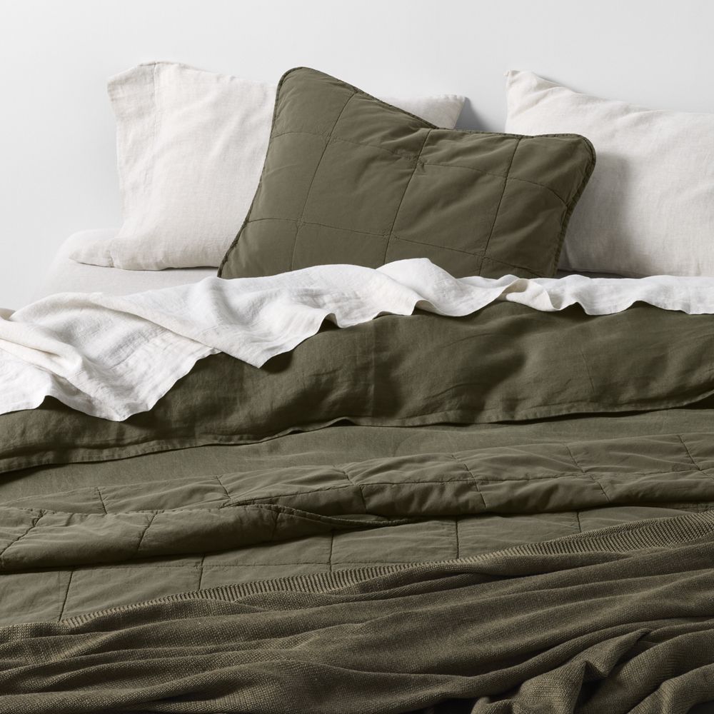 Sunwashed Organic Cotton Burnt Green Quilted Bed Pillow Sham- Image 2