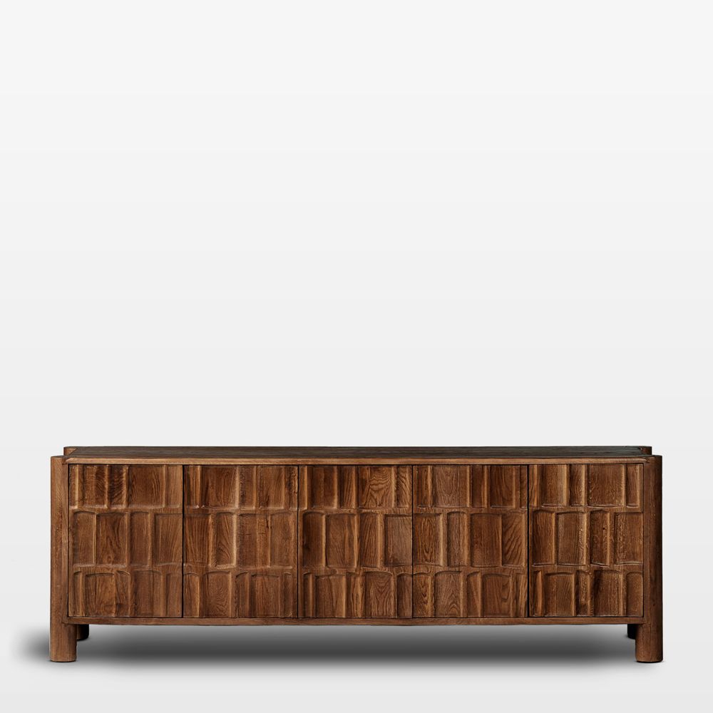 Ezri Brown Carved Oak Wood Storage Media Console (82"-96")