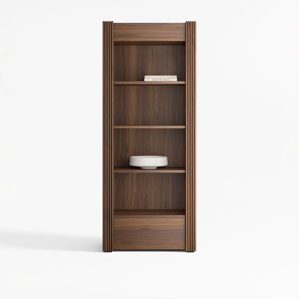 Siena 34" Walnut Wood 4-Shelf Storage Bookcase With Drawer