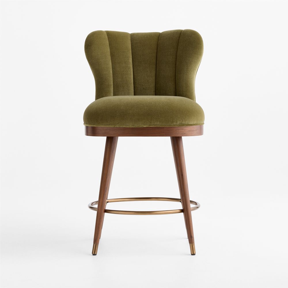 Vivienne Olive Green Velvet Natural Walnut Wood Swivel Counter Stool