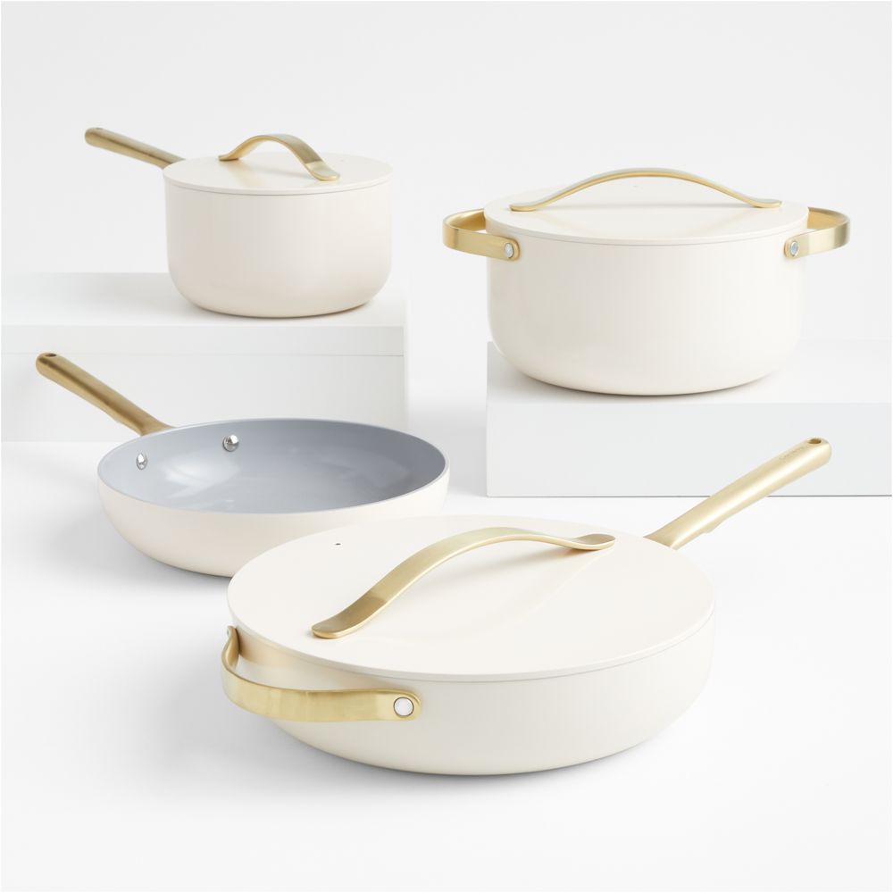 Caraway Cream Ceramic Nonstick 12-Piece Cookware Set with Gold Hardware