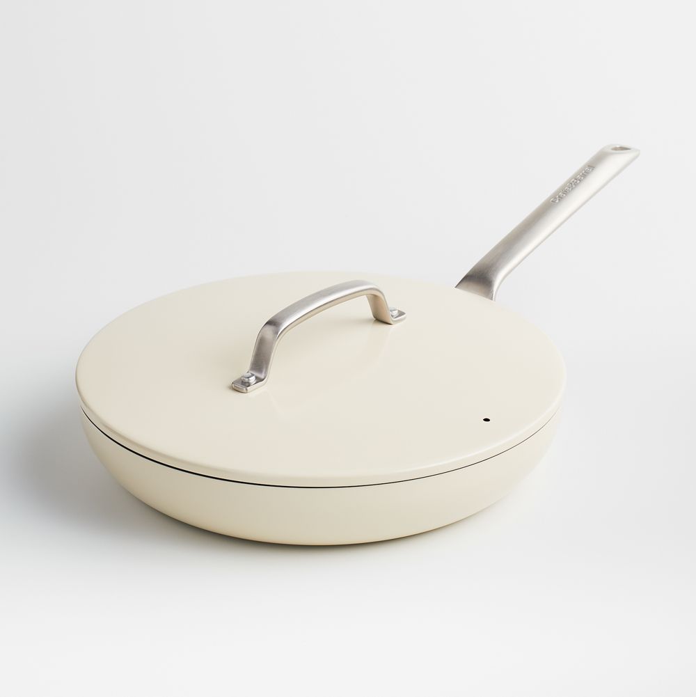 Crate & Barrel EvenCook Ceramic Cream Nonstick 12" Fry Pan with Lid