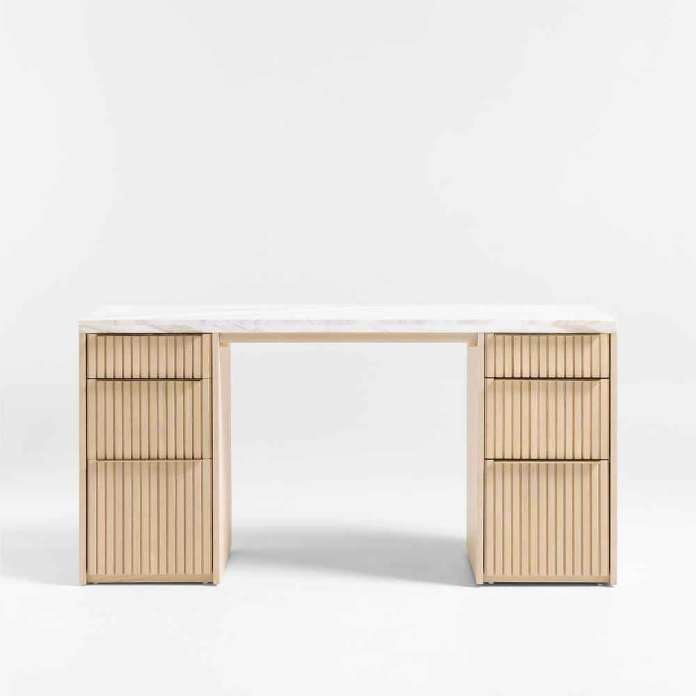 Batten 62" White Oak Wood Console Desk with White Marble Top