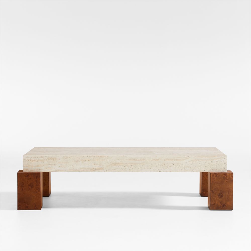 Dualité Travertine and Burl Wood 53" Coffee Table by Athena Calderone