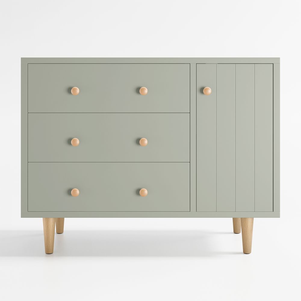 Finn 44" Narrow Sage Green Wood 3-Drawer Kids Dresser with Door