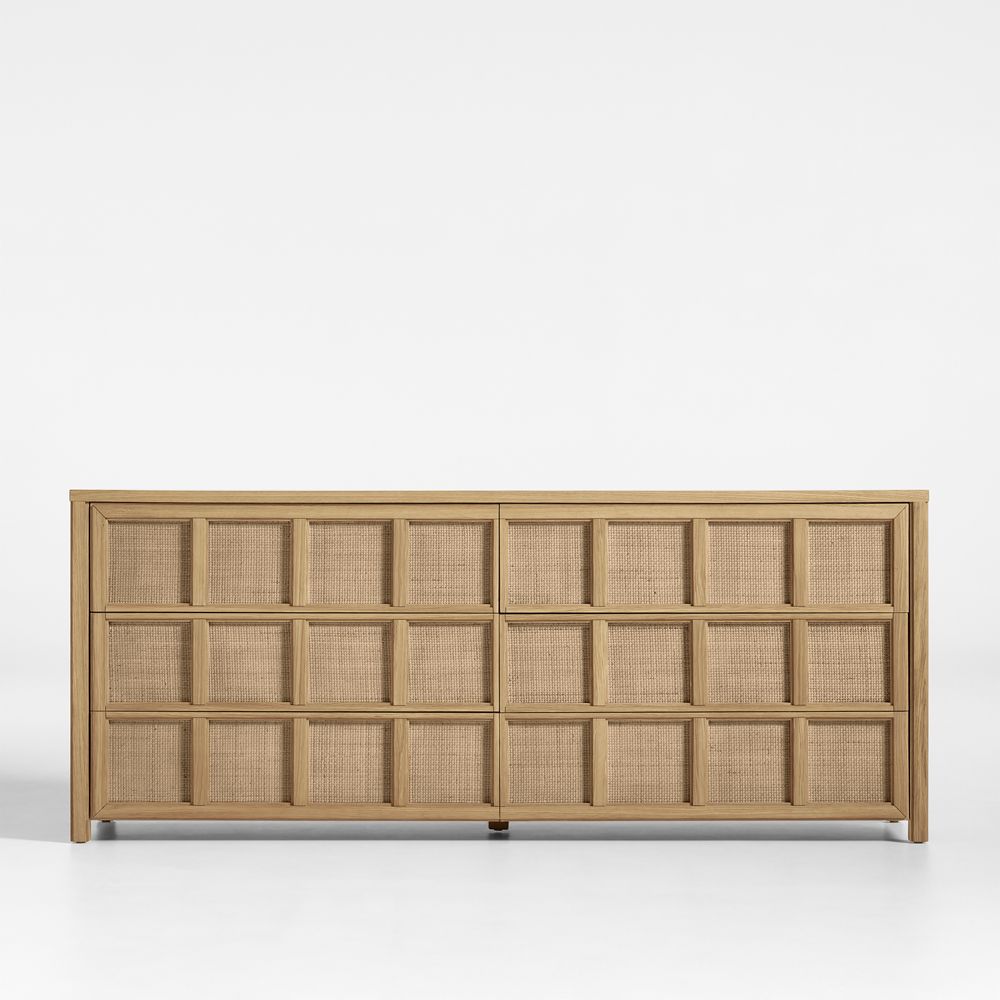 Campagna 71" Rattan and Natural Oak Wood 6-Drawer Dresser