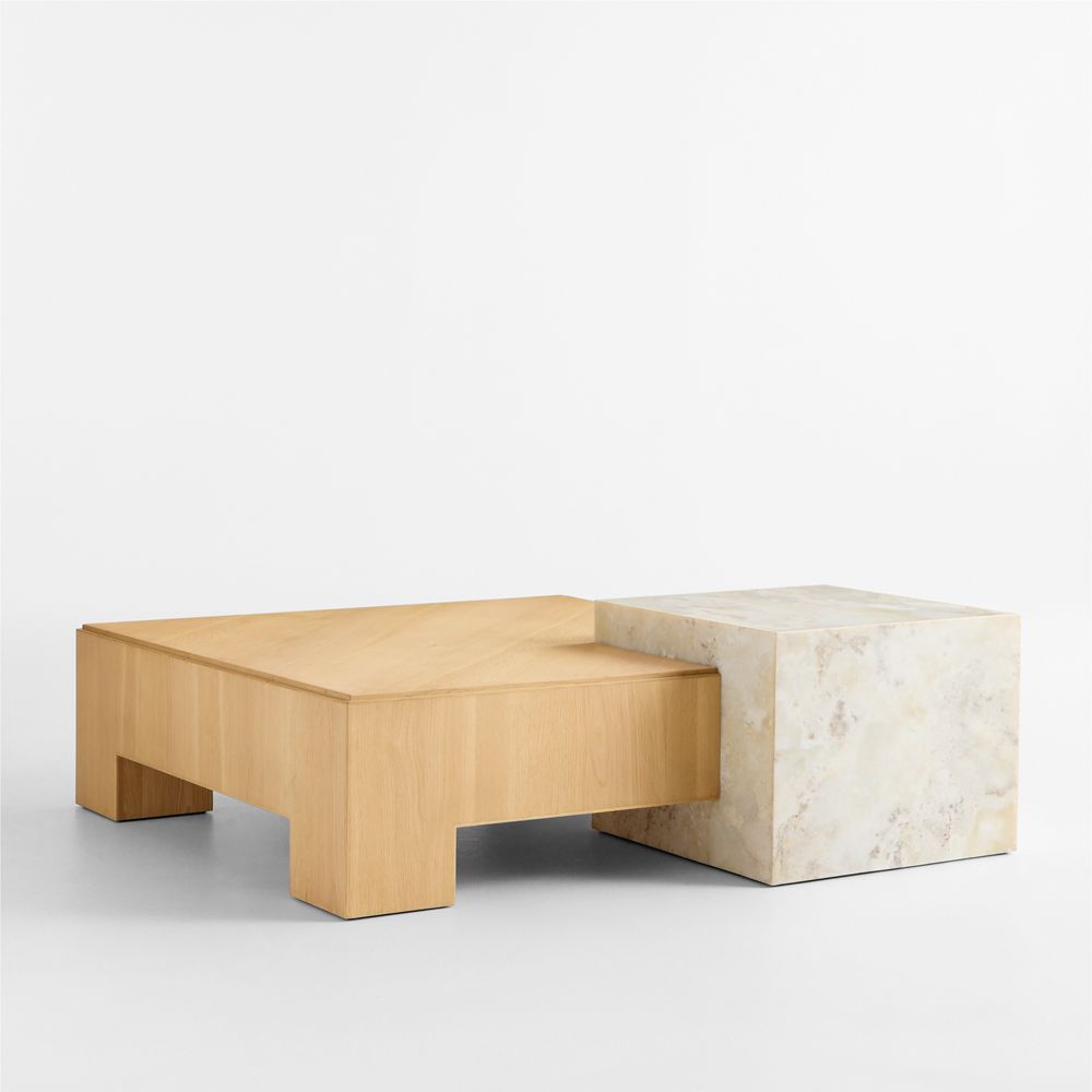 Deuce White Onyx Marble and Natural Oak Wood 51" Square Coffee Table by Venus Williams