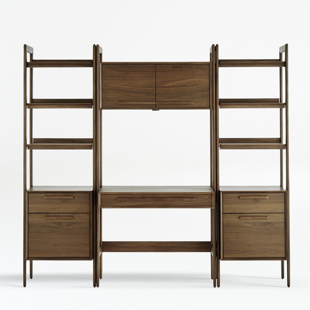 Tate Walnut Bookcase Desk with Outlet with 2 Bookcase File Cabinets