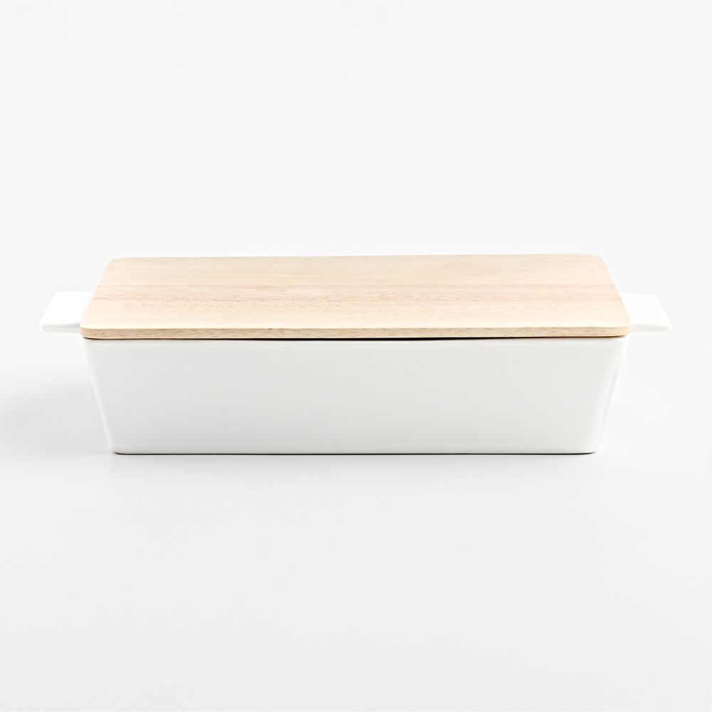 Large White Stoneware Baking Dish with Bamboo Lid