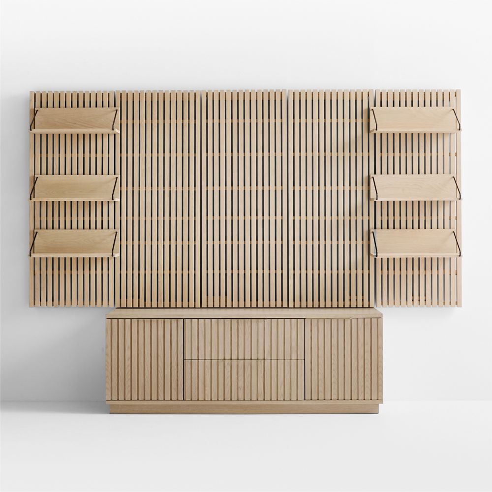 Batten White Oak Media Console with Wall Storage (6- 9 Shelves)