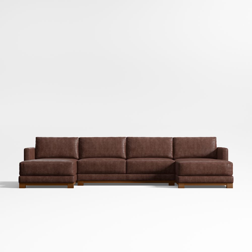 Gather Deep Wood Base 3-Piece U-Shaped Leather Sectional Sofa with Double Chaise Lounge