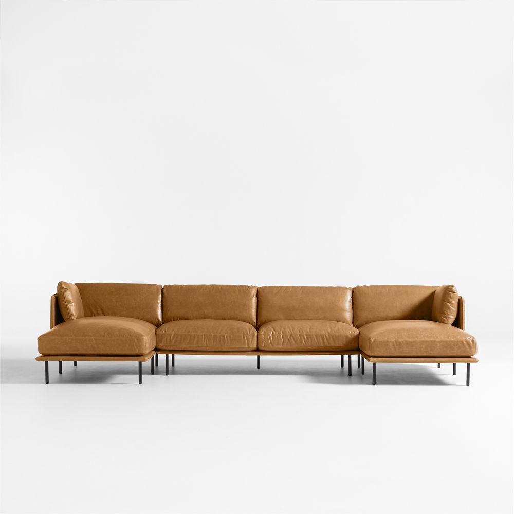 Wells 3-Piece U-Shaped Leather Sectional Sofa with Double Chaise Lounge