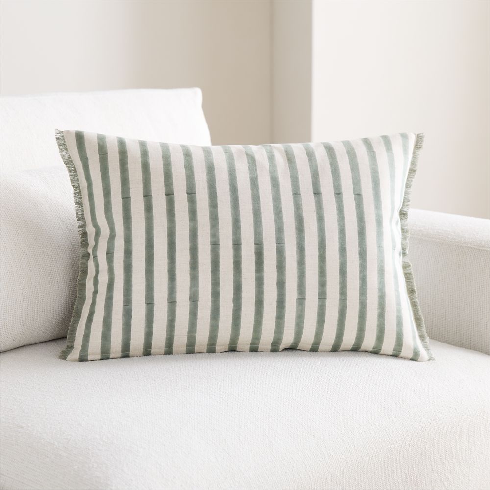 Yarra Stripe Fringe 24"x16" Shadow Sage Green Throw Pillow